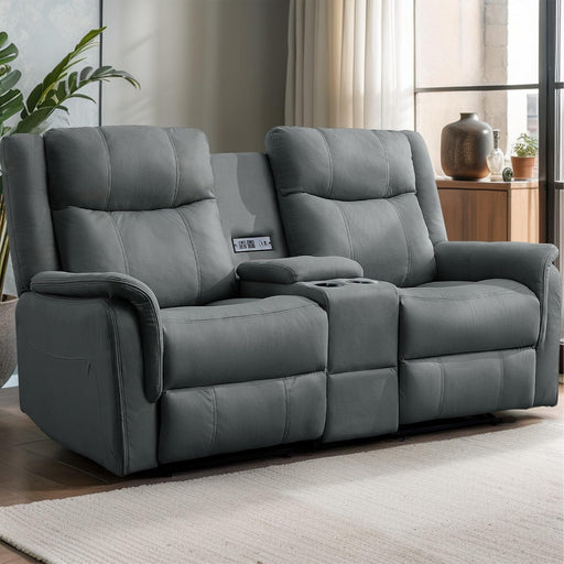 Loveseat Recliner Sofa, Reclining Loveseat Couch with Manual Pull Tab, Reclining Couch with Console, USB Port, US Outlets, and Cup Holders, 2-Seater Performance Fabric Sofa for Living Room, Rvs