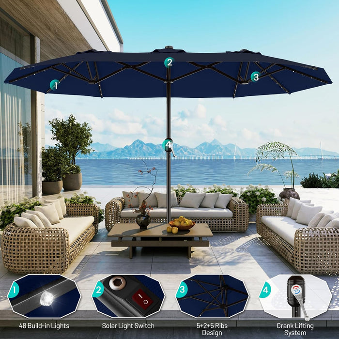 15FT Patio Umbrella with Solar Lights, Double Sided Outdoor Table Umbrellas with Crank, Large Rectangular Market Umbrella for Porch, Lawn, Pool, Backyard, Navy