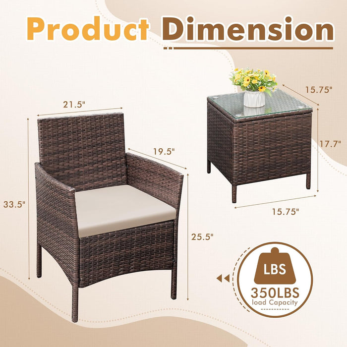 Patio Furniture Set 3 Pieces All-Weather Rattan Outdoor Furniture Patio Chairs with Tempered Glass Table for Porch Bistro Balcony (Brown/Cream)