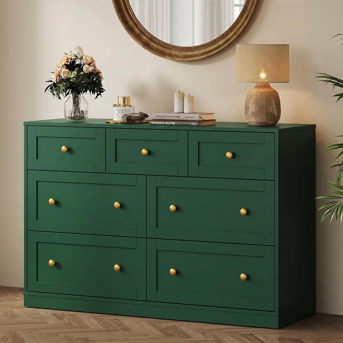 7 Drawer Dresser for Bedroom, Green Wood Chest of Drawers