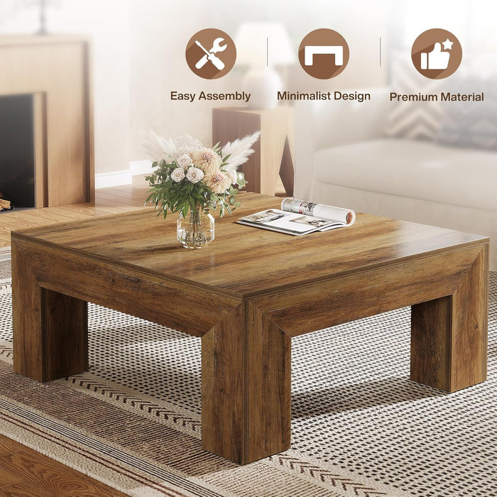 39.4-Inch Square Coffee Table for Living Room, Farmhouse All MDF Accent Center Cocktail Table with Sturdy Wooden Legs, Easy Assembly, Rustic Brown