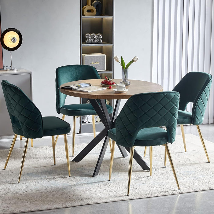 Modern Dining Chair Set of 4, Forest Green Velvet Fabric Upholstered Accent Chairs with Golden Metal Legs, round Back Side Chairs for Kitchen Living Room Bedroom