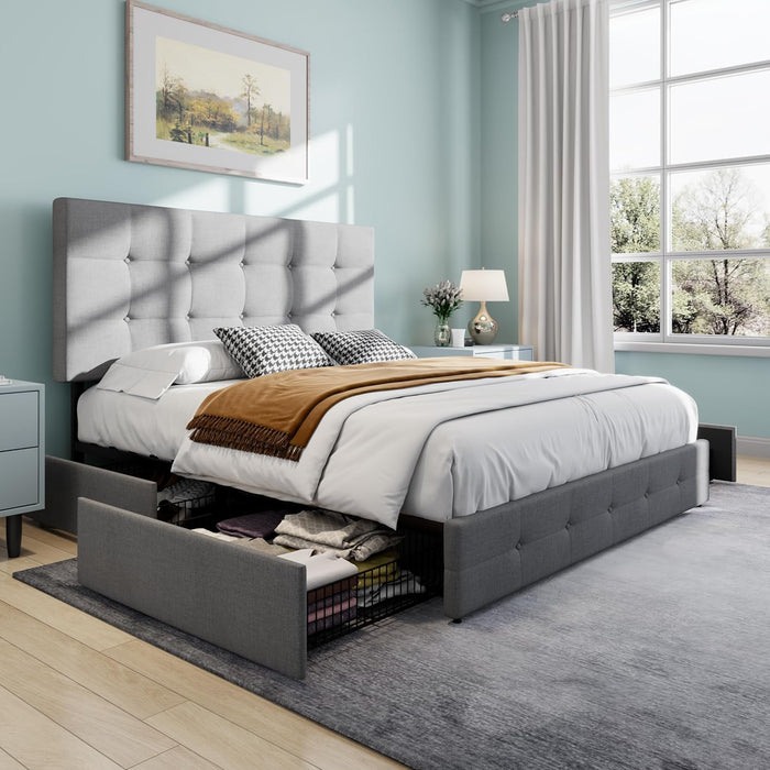 Upholstered Full Size Platform Bed Frame with 4 Storage Drawers, Adjustable Headboard with Square Stitched Button Tufted Design, Wooden Slat Support, No Box Spring Needed, Light Grey