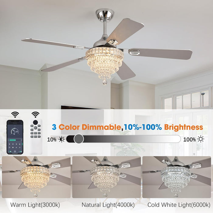 52" Crystal Chandelier Ceiling Fan with Lights - (Glam, Chrome)