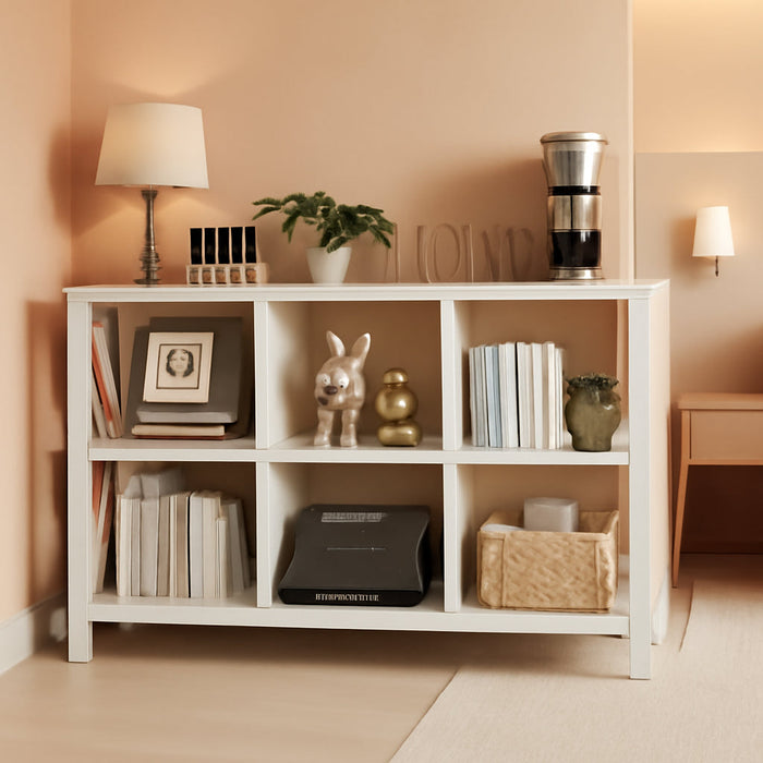 6 Cube Storage Organizer with Shelf, Long Wood and Metal Cubby Bookcase, Industrial Horizontal Bookshelf (White Oak, 47 Inch)