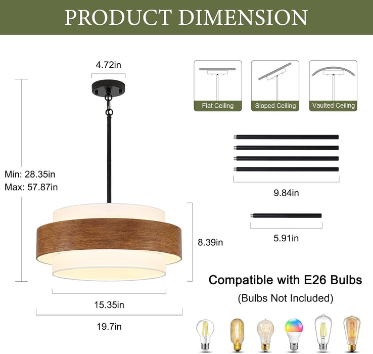 20Inch Farmhouse Chandelier Woodgrain Five Light Drum