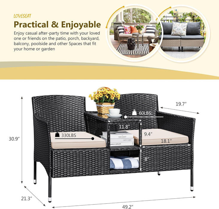 Outdoor Patio Loveseat Modern Rattan 2-Seat Patio Conversation Set with Cushions & Built-In Coffee Table Porch Furniture for Garden Lawn Backyard (Beige)