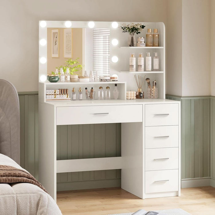 Vanity Desk with Mirror and Lights, Makeup Vanity with 5 Drawers and 3 Storage Shelves, 3 Color Modes & Adjustable Brightness Dressing Table, Vanity for Girls, White