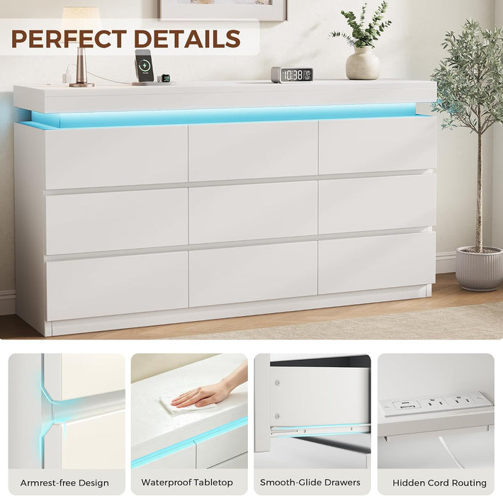 9 Drawer Dresser with LED Lights and Charging Station, Modern White Dresser