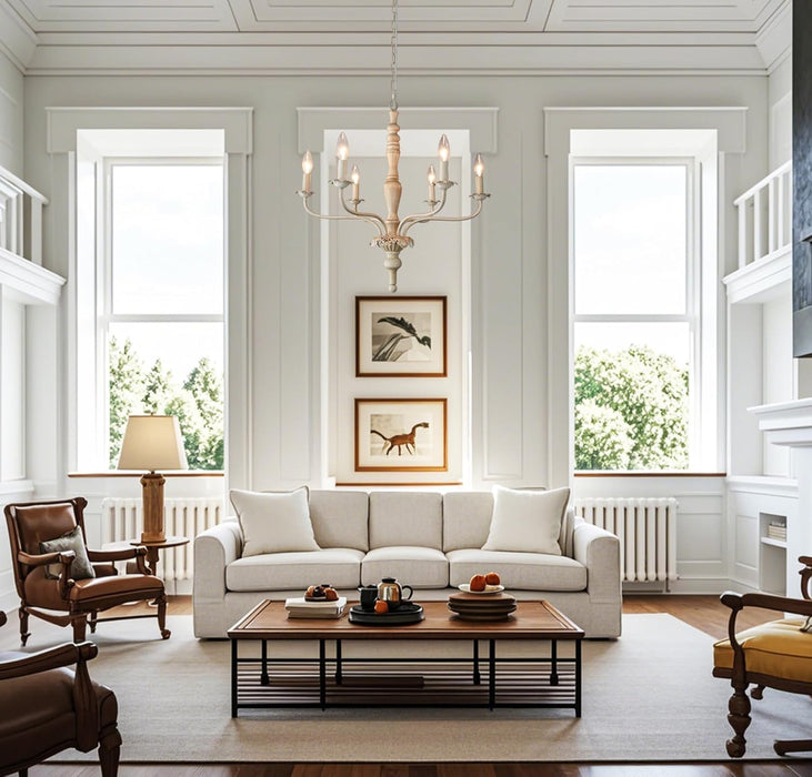 6 Light Farmhouse French White Distressed Chandelier