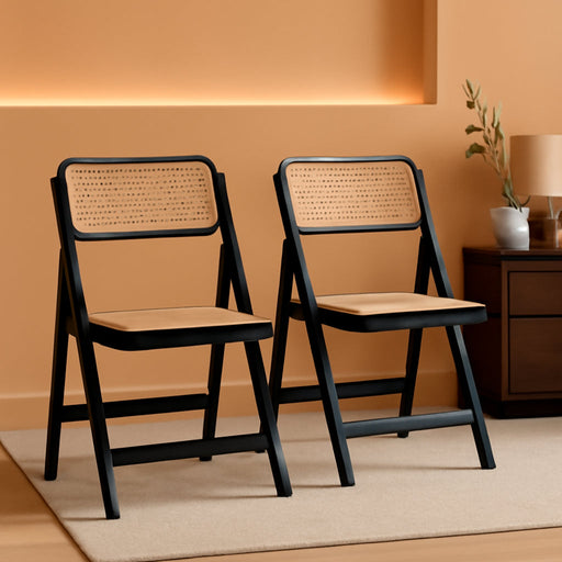 Rattan Folding Chairs, Modern Mid Century Dining Chairs Set of 2, Outdoor Bamboo Chairs for Bedroom Living Room Reading Room Dining Kitchen, Black