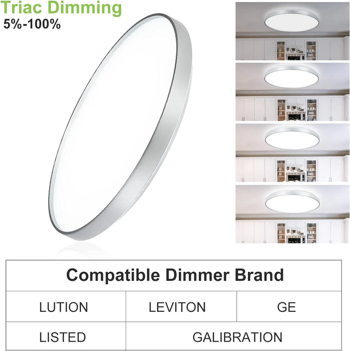 Modern LED Flush Mount Ceiling Light Silver Low Profile Light Fixture Thin round Close to Ceiling Light for Kitchen, Bedroom, Living Room, 5 Color Adjustable