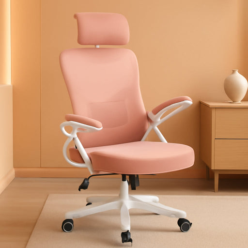 Ergonomic Office Chair, High Back Mesh Desk Chair with Flip-Up Armrests, Adjustable Headrest Computer Chair with Lumbar Support for Home Oiffce Gaming Room, White/Pink