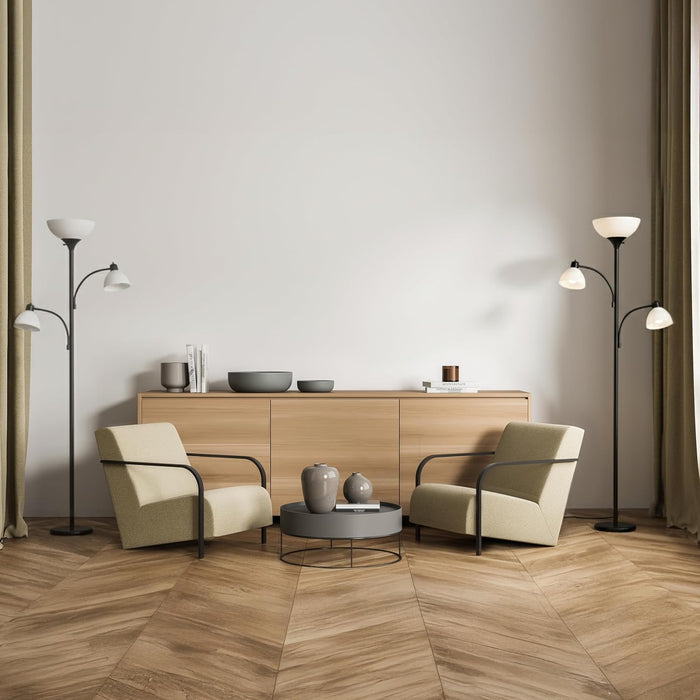 Sky Dome Double LED Floor Lamp, Torchiere Super Bright Floor Lamp with 2 Reading Lamps for Living Rooms & Offices - Dimmable Tall Standing Lamp for Bedroom Reading - Tall Black Pole