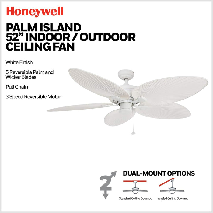 Ceiling Fans Palm Island Tropical 52 Inch Ceiling Fan, Outdoor Ceiling Fan with Pull Chain, Dual Mount 5 Palm Leaf Blade Design, ETL Wet Rated, White (50200-01)