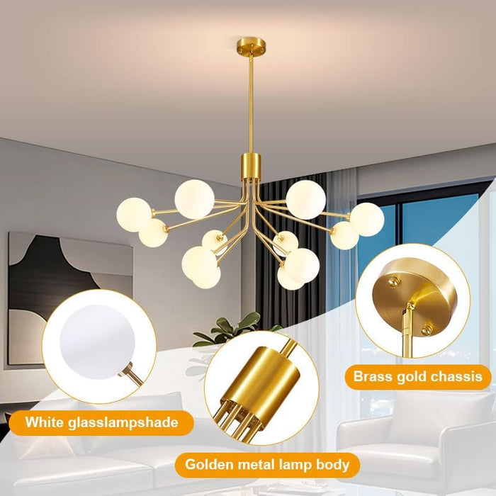Gold Modern Chandelier 12-Light Glass Globe Ceiling Light Fixtures Mid Century Modern Sputnik Chandelier for Dining Room Kitchen Island Bedroom Living Room