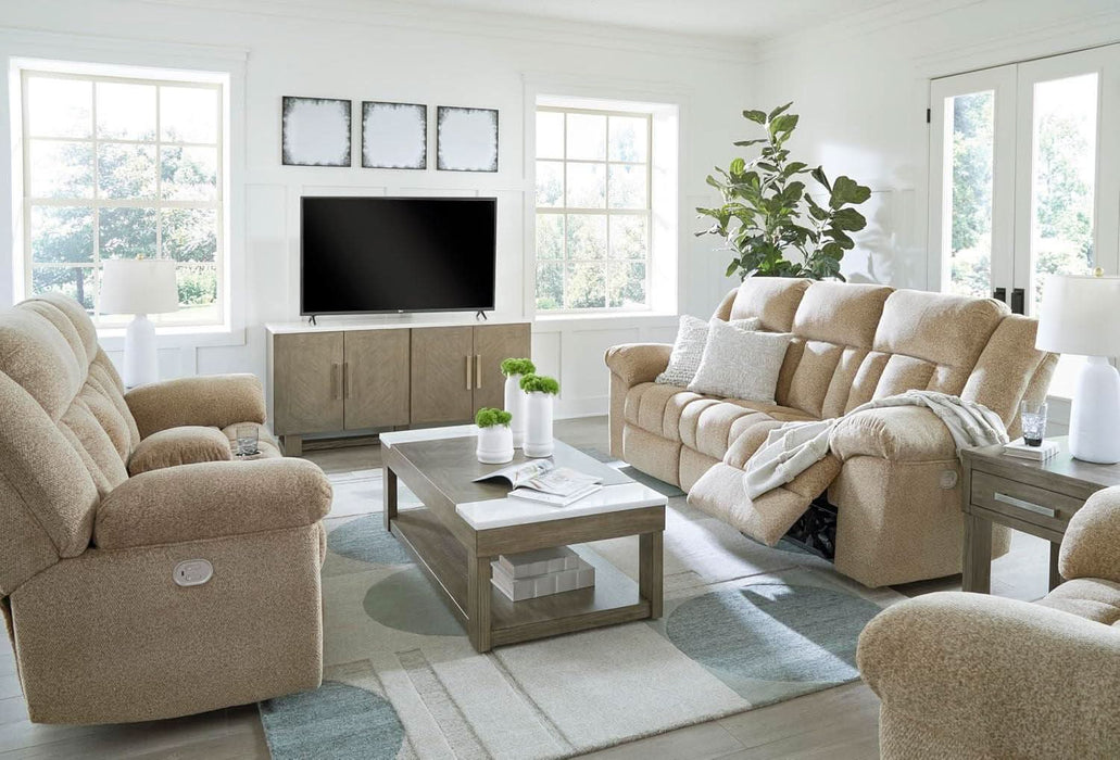 Tip-Off Classic Wall Hugger Power Reclining Sofa with Adjustable Headrest and USB Ports, Light Brown