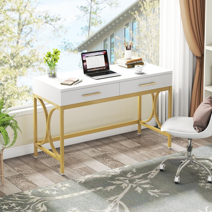 Modern Computer Desk with 2 Drawers, 41 Inches Study Writing Office Desk for Home Office, Bedroom, Makeup Vanity Table Desk with Gold Metal Frame, White & Gold