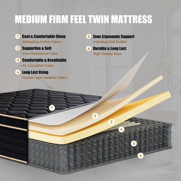 Twin Mattress 10 Inch Twin Size Mattresses in a Box Spring Hybrid Twin Bed Memory Foam Mattress Comfort Breathable Fabric Cooling Gel Pressure Relief, Medium Firm
