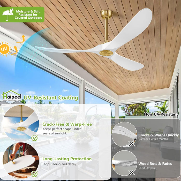 52 Inch Ceiling Fans without Lights, Wood Ceiling Fan No Light with Remote Control and DC Motor, Indoor Outdoor Ceiling Fan Morden Living Room Bedroom 3 Blades Propeller, White Gold