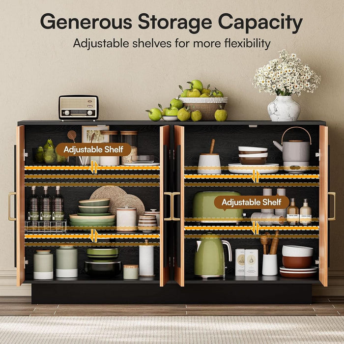 58" Fluted Modular Buffet Cabinet with Arched Doors & Gold Handles, Mid Century Modern Sideboard Credenza Storage with Adjustable Shelves, Wood Coffee Bar Console Table for Dining Living Room