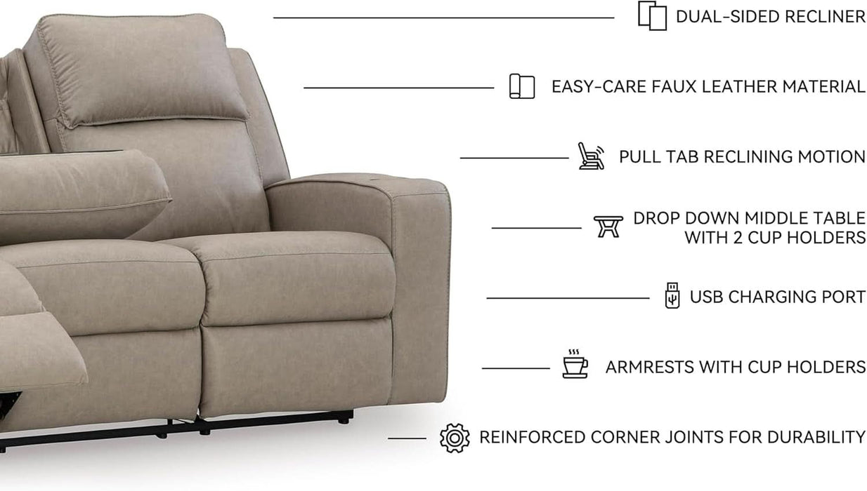 Lavenhorne Contemporary Faux Leather Manual Reclining Sofa with Drop down Table, Cup Holders and USB Ports, Beige