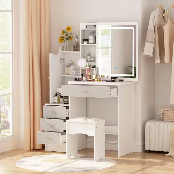 White Wood Dresser with LED Light Mirror Makeup Vanity Sets Dressing Table with Stool, 4-Drawers and Storage Shelves