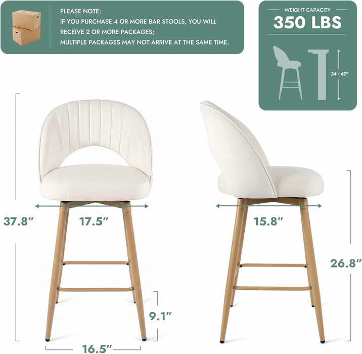Swivel Bar Stools Set of 2, Counter Height Barstools for Kitchen Island, 26" Seat Height Bar Chairs for Dining Room, Velvet Upholstered Bar Stool with Back and Footrest, White