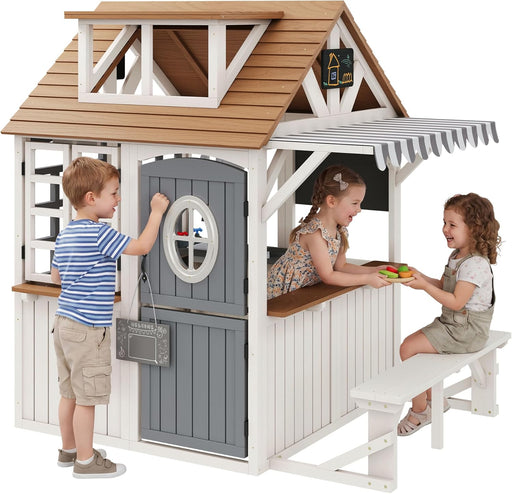 Large Outdoor Wooden Playhouse With Kitchen Chalkboard