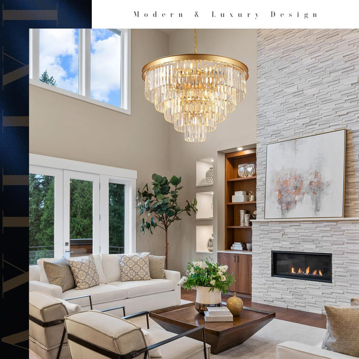 Large Crystal Chandeliers 30’’ Modern Gold round Chandeliers for High Ceiling K9 5-Tier Large Ceiling Chandelier Light Fixtures Luxury Chandelier for Staircase Foyer Living Room