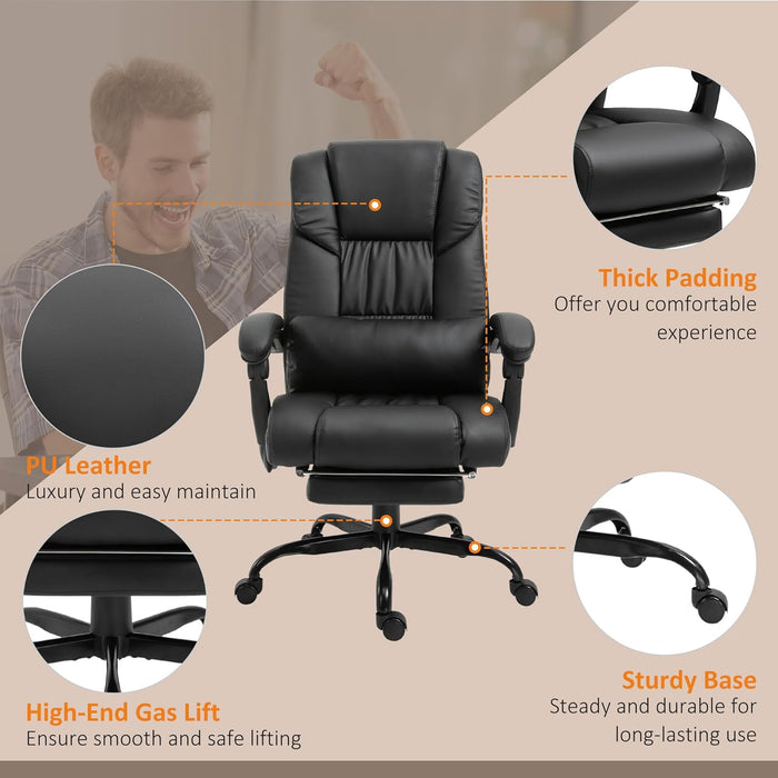 High Back Massage Office Chair with 6 Vibration Points, PU Leather Reclining Computer Chair, Ergonomic Desk Chair with Footrest Adjustable Height and Remote, Black