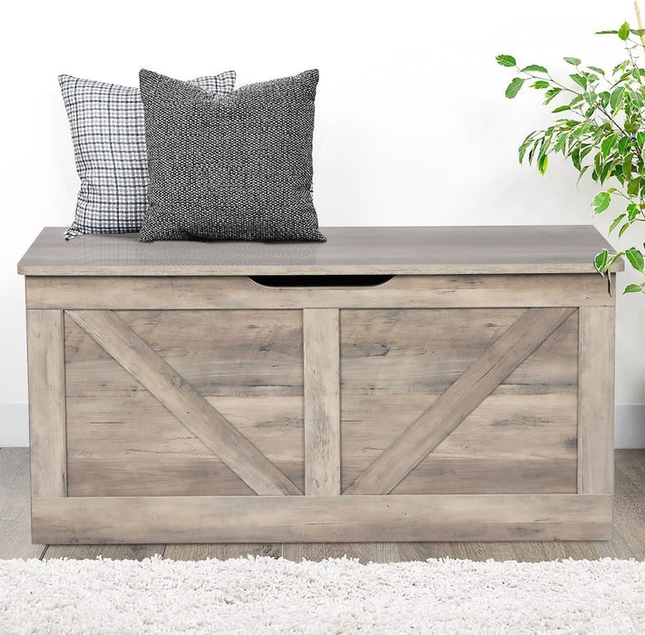 39.4" Storage Chest, Wooden Storage Bench, Large Storage Trunk with 2 Safety Hinges, Entryway Shoes Bench for Living Room, Bedroom, Grey