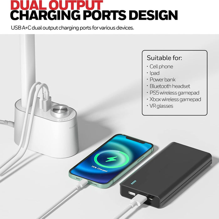 LED Desk Lamp with USB Charging Ports - Sunturalux™ HWT-H01 Stepless Dimmable Eye Caring Table Lamp for College Dorm Home Office, Foldable Small Bedside Lamp for Bedroom with Base White