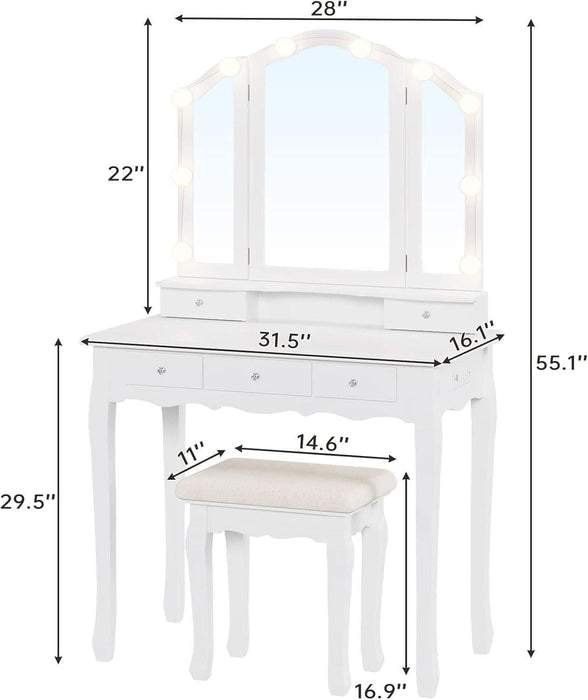 White Makeup Vanity with Lights & Charging Station, Vanity Desk with Mirror and 3 Colors of Lighting Effects, Vanity Table with Tri-Fold Mirror & Necklace Hooks, Makeup Table with Stool