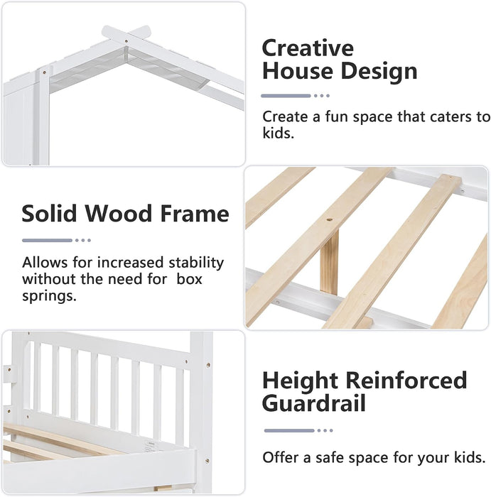 White Full Size PlayhousePlatform Bed With WindowAndFence