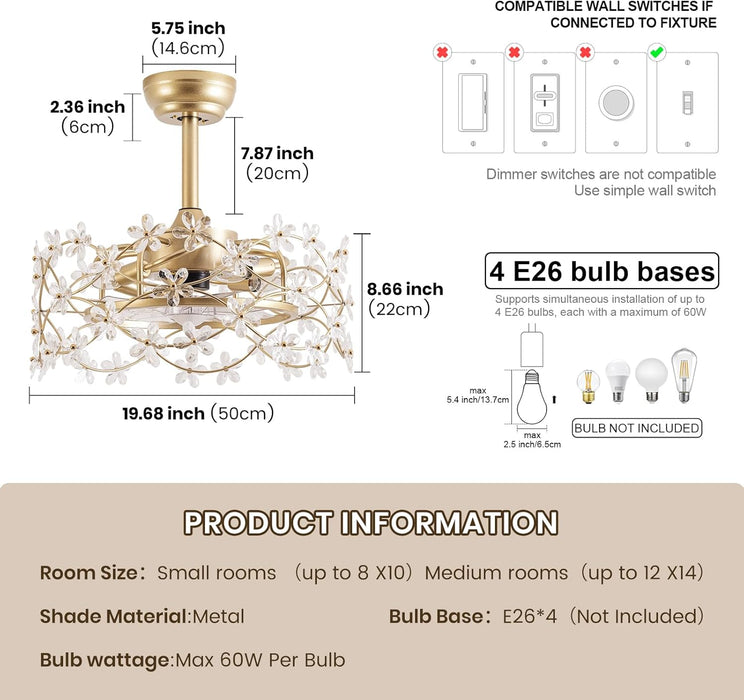 20" Gold Fandelier Ceiling Fan with Light, Flower Crystal Chandelier Ceiling Fan with Light and Remote Control, Modern Caged Enclosed 6 Speeds for Girl'S Bedroom, Nursery, Living Room