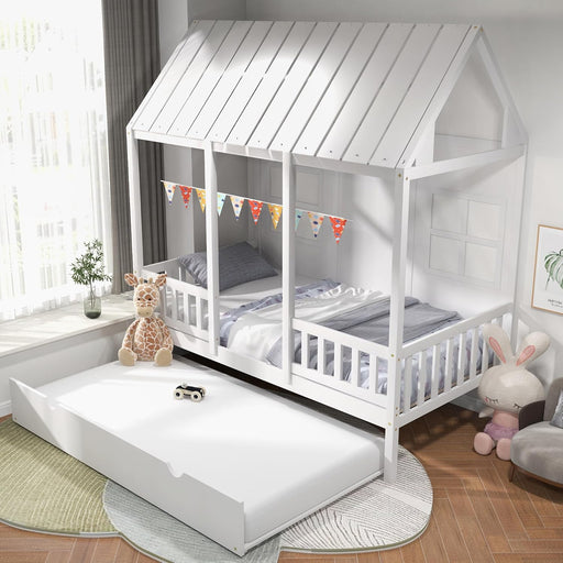 Twin Size House Bed with Trundle, Wood Kid’S House Bed Frame with Roof, Windows, Fence Rails, Playhouse Bed Frame with Sturdy Bed Slats for Boys & Girls, No Box Spring Needed (White, Twin)