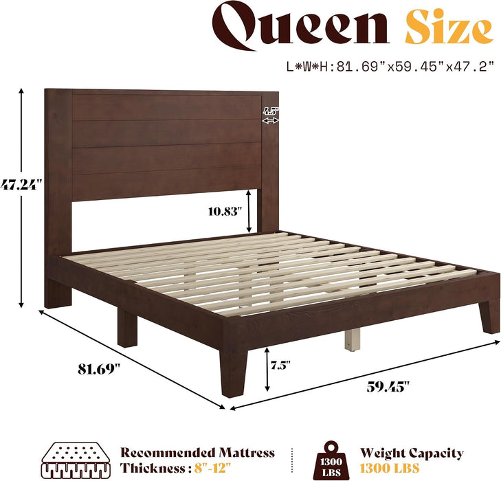 Queen Size Solid Wood Bed Frame with 48" Headboard Design, Walnut