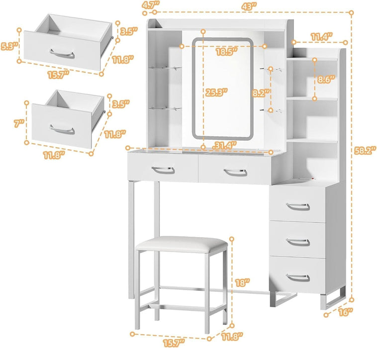 Vanity Desk with Mirror and LED Lights, 43" Makeup Vanity with Glass Top & Wireless Charging, Vanity with RGB Drawers, 3 Colors Light, Power Outlet Safety Switch for Bedroom, White