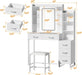 Vanity Desk with Mirror and LED Lights, 43" Makeup Vanity with Glass Top & Wireless Charging, Vanity with RGB Drawers, 3 Colors Light, Power Outlet Safety Switch for Bedroom, White