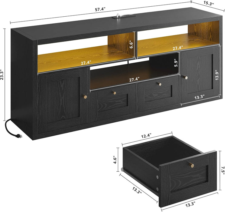Premium Black TV Stand with 1" Thick Top for 65" TV, Modern TV Console with LED Lights, Charging Station & Storage, High-End Entertainment Center for Living Room and Bedroom