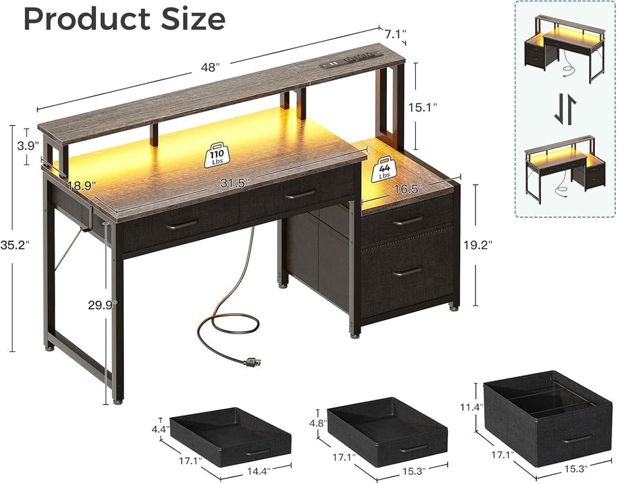 48-Inch Computer Desk with Fabric File Cabinet and Fabric Drawers, Reversible Office Desk with LED Strip and Power Strip, Gaming Desk with Monitor Riser, Writing/Study Table for Home, Oak Grey