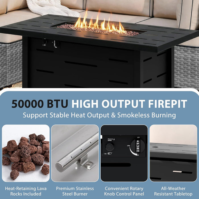 8 Piece Outdoor Patio Furniture Set with 43 Inch Propane Fire Pit, Washable Cushions, Glass Coffee Table, Waterproof Cover & CSA Certified for Backyard Poolside, Silver PE Rattan/Khaki