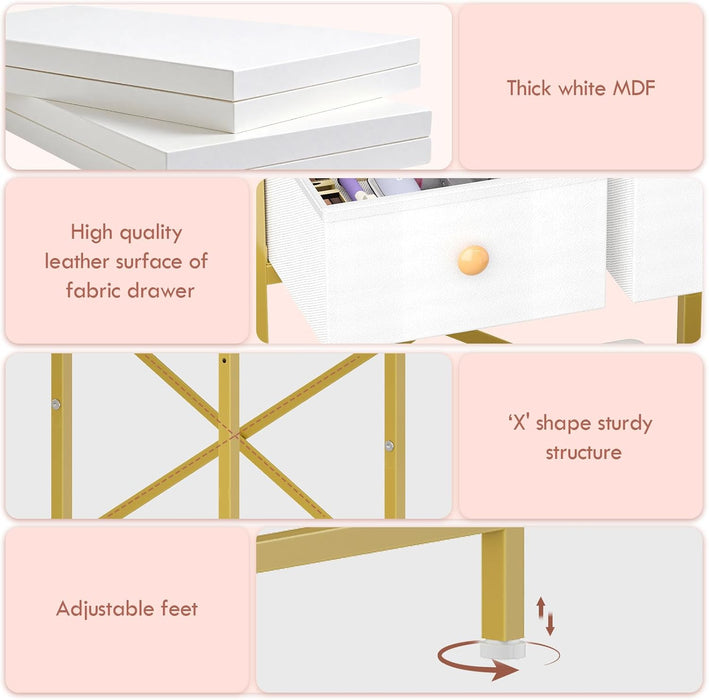 Small Makeup Vanity Desk with Mirror & Chair, Mini Vanity Desk Table Set with Fabric Storage Drawer, 19.7" Compact Vanity Desk for Girls, Dressing Table with Chair for Bedroom, White Golden