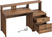 55 Inch Wood Computer Desk with Lockable File Drawer, Charging Station & LED Lights - Home Office Desk with Storage Shelves, Printer Shelf & Monitor Stand, Wooden Desk for Study & Work, Walnut