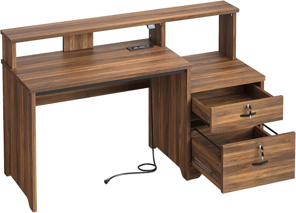 55 Inch Wood Computer Desk with Lockable File Drawer, Charging Station & LED Lights - Home Office Desk with Storage Shelves, Printer Shelf & Monitor Stand, Wooden Desk for Study & Work, Walnut