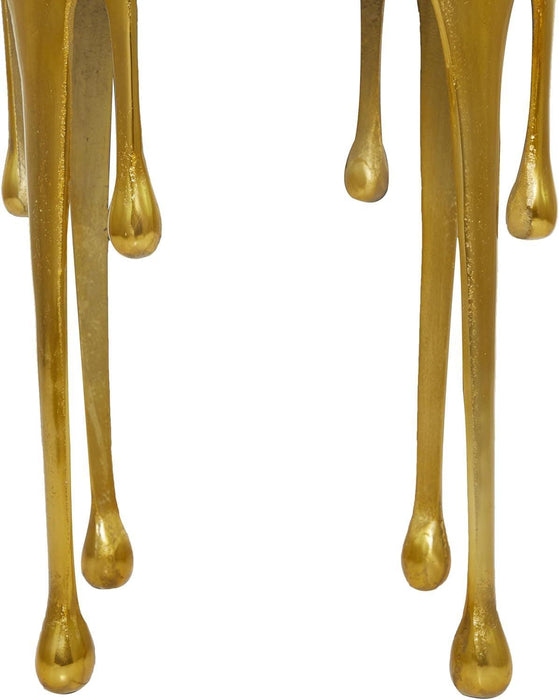 Aluminum Metal Abstract Melting Drip Accent Table with Melting Design and Shaded Glass Top, 16' X 16' X 25', Gold