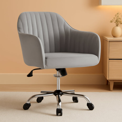 Modern Velvet Desk Chair Vanity Chair Height-Adjustable Swivel Computer Chair for Makeup Room Living Room Bedroom Soft Upholstered Office Chair Light Gray