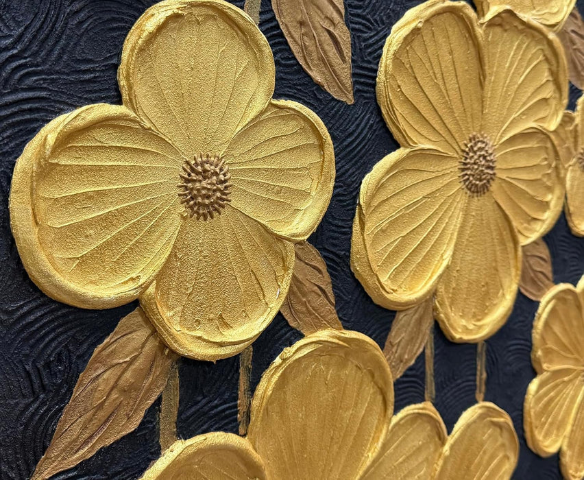 24 X 36In Hand-Painted Oil Painting 3D Texture Black White Grey Modern Minimalist Black Abstract Wall Art, Home Office Wall Decoration Gold Petal