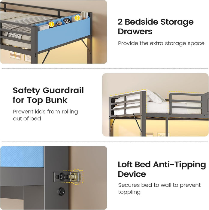 Bunk Bed Twin over Twin with 6 Storage Drawers for Kids Teens,Metal Led Loft Bed with Bedside Storage,Safety Guardrails for Small Space, No Box Spring Needed, Grey